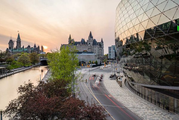 Sunset view of the canal and Parliament Hill in Ottawa, Ontario